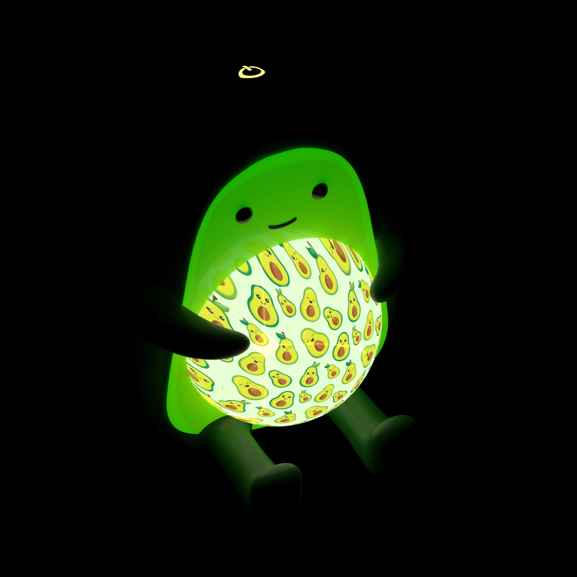 Avocado night light glowing in a dark room