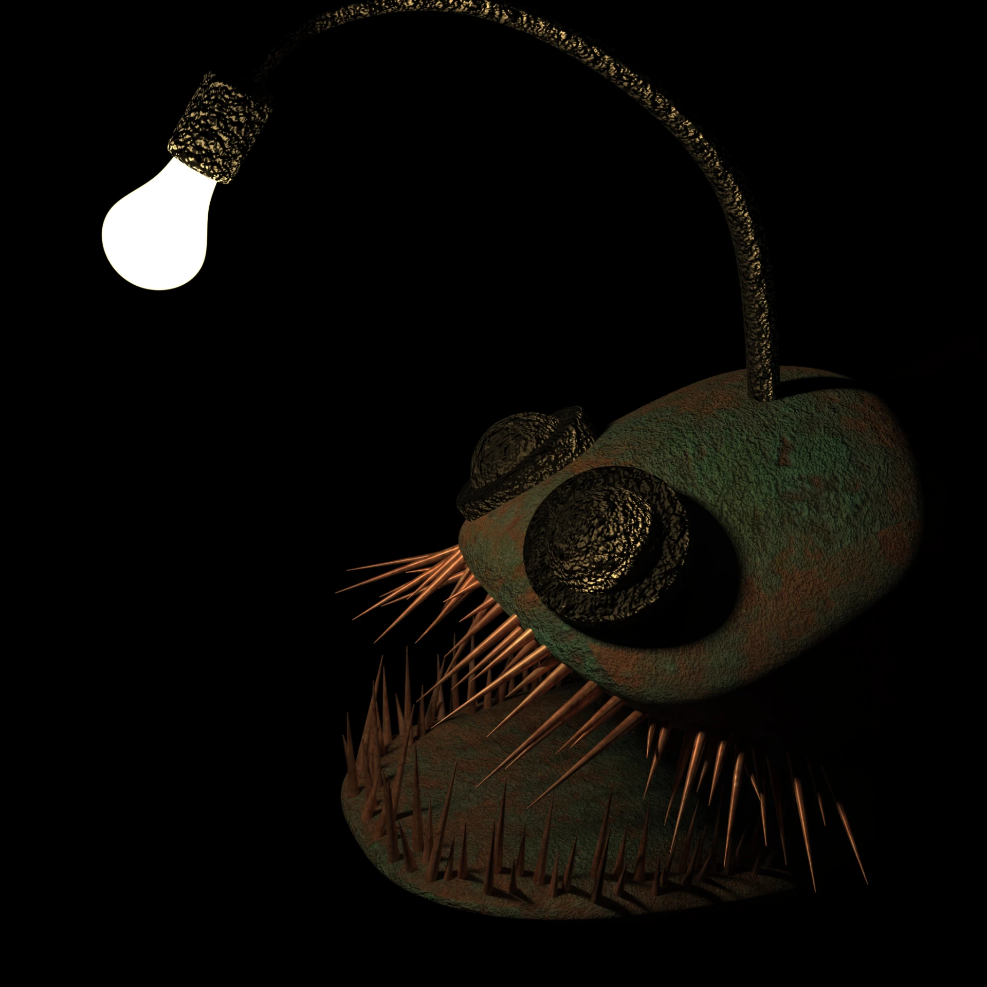 Perspective view of the angler fish lamp with the lure extended forward