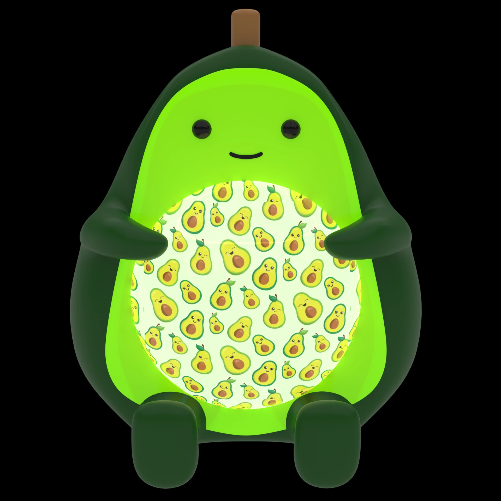 Front view of the avocado night light with a glowing center