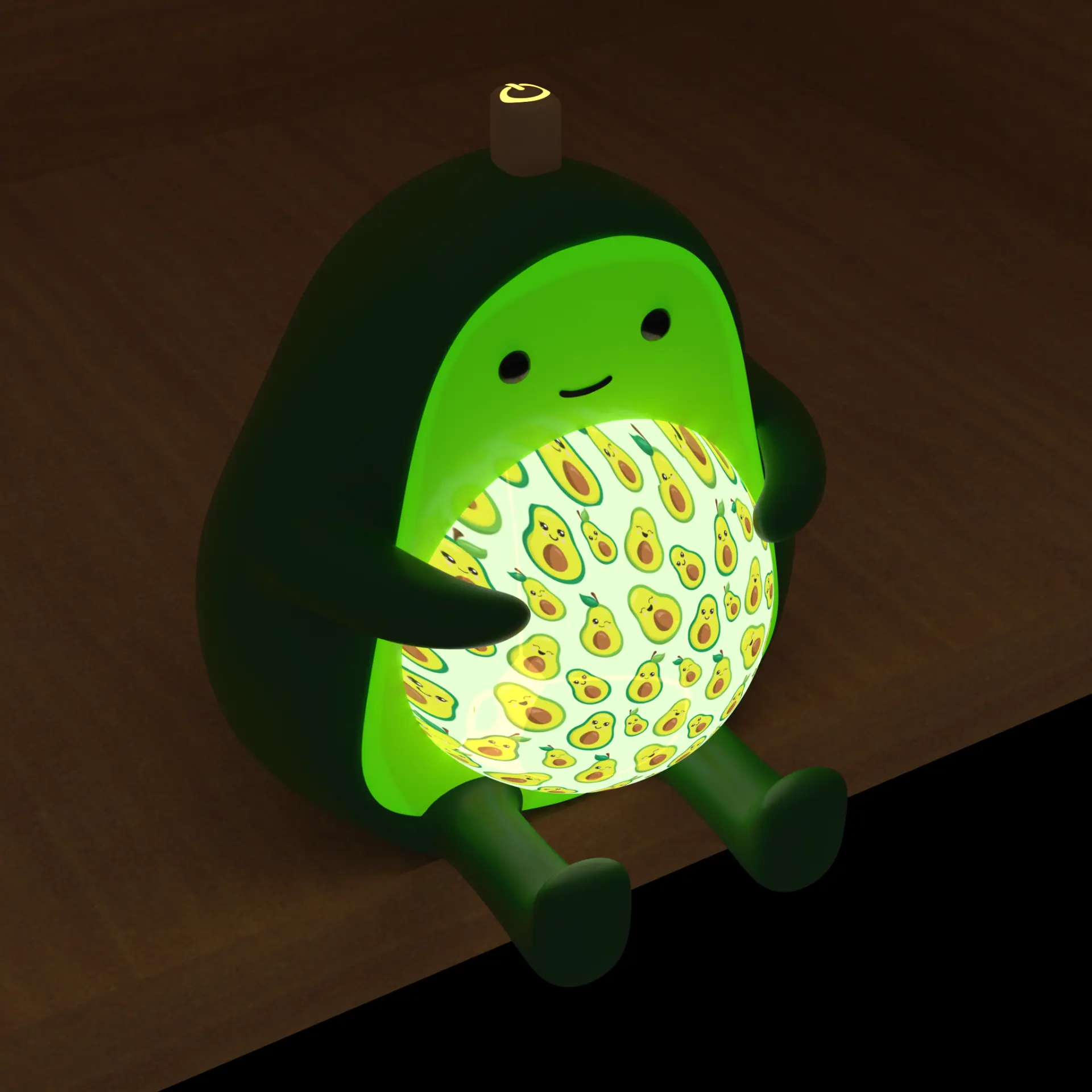 Avocado night light on a wooden bedside table